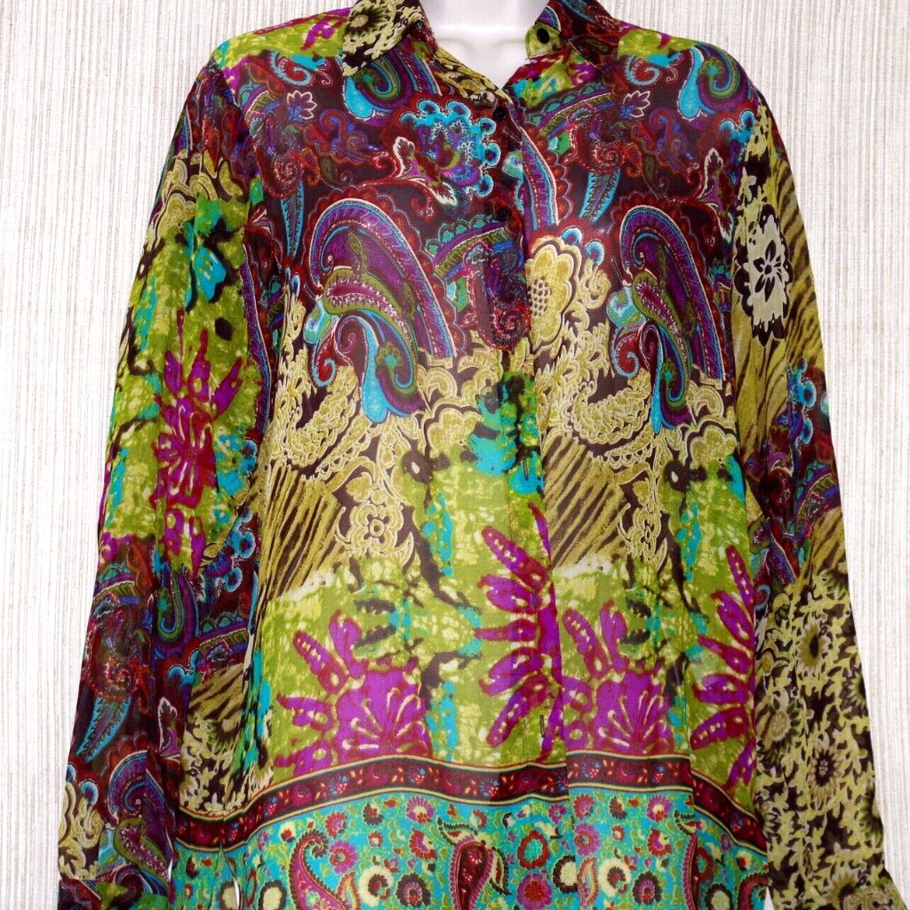 Go Silk Long Sleeve Floral Green Purple Multi Color Button Blouse Tunic Size:Xs